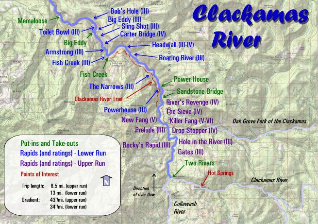 A map for the Clackamas River featuring boat ramps, state parks, rapid ratings, and other helpful places of interest.