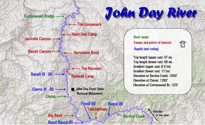 A map for the John Day River featuring boat ramps, state parks, rapid ratings, and other helpful places of interest.