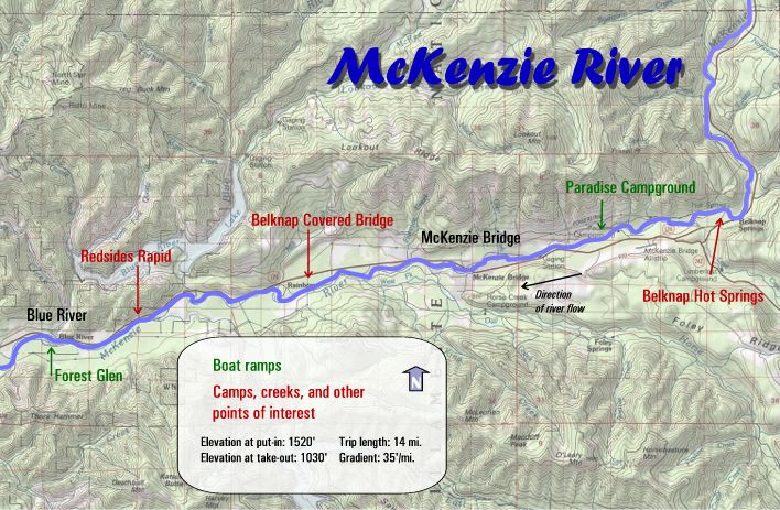 A map for the McKenzie River featuring boat ramps, state parks, rapid ratings, and other helpful places of interest.