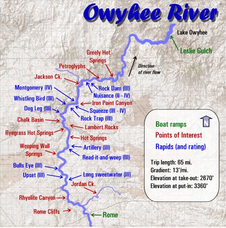 A map for the Owyhee River featuring boat ramps, state parks, rapid ratings, and other helpful places of interest.