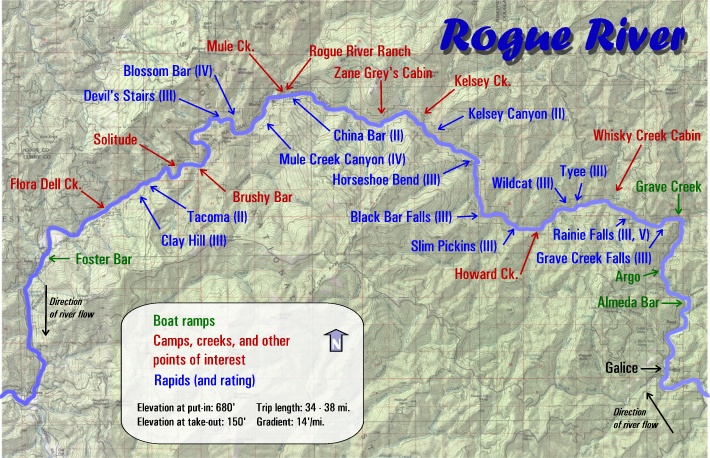 A map for the Rogue River featuring boat ramps, state parks, rapid ratings, and other helpful places of interest.