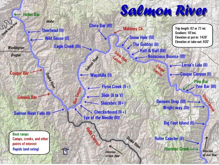 A map for the Salmon River featuring boat ramps, state parks, and other helpful places of interest.