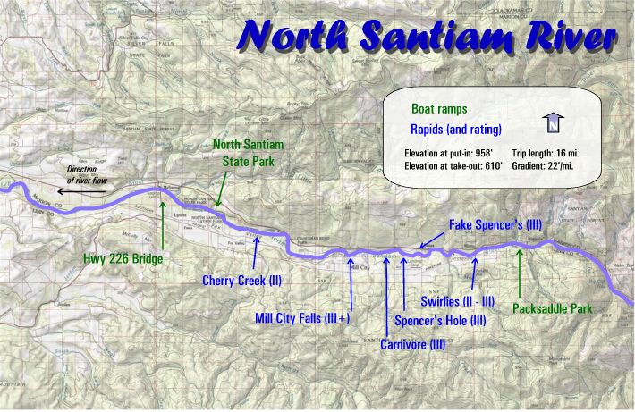 A map for the North Santiam River featuring boat ramps, state parks and other helpful places of interest.