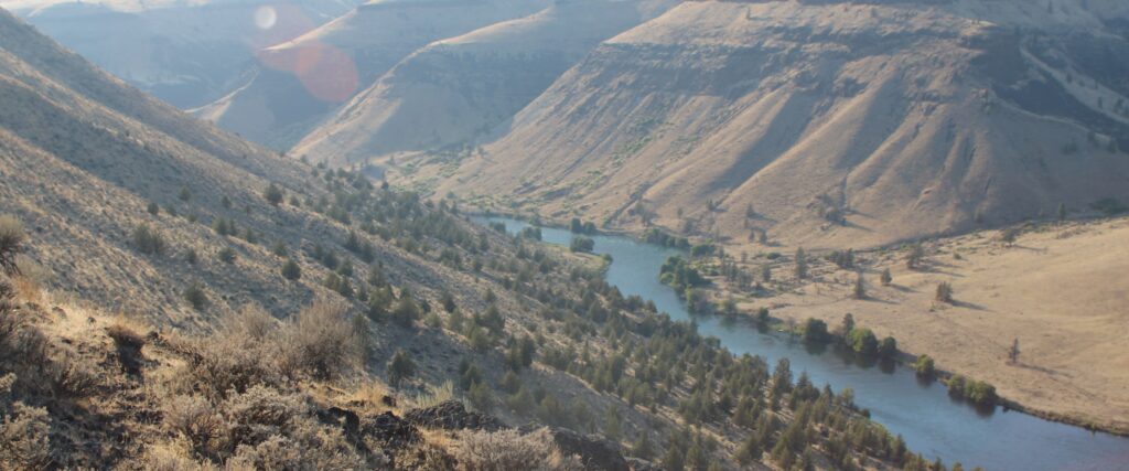 A beautiful view from above the winding bends of the Deschutes River in Oregon during sunset.