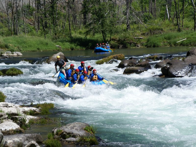 Guests enjoying going down a rapid in a blue raft on an Oregon River Experience trip
